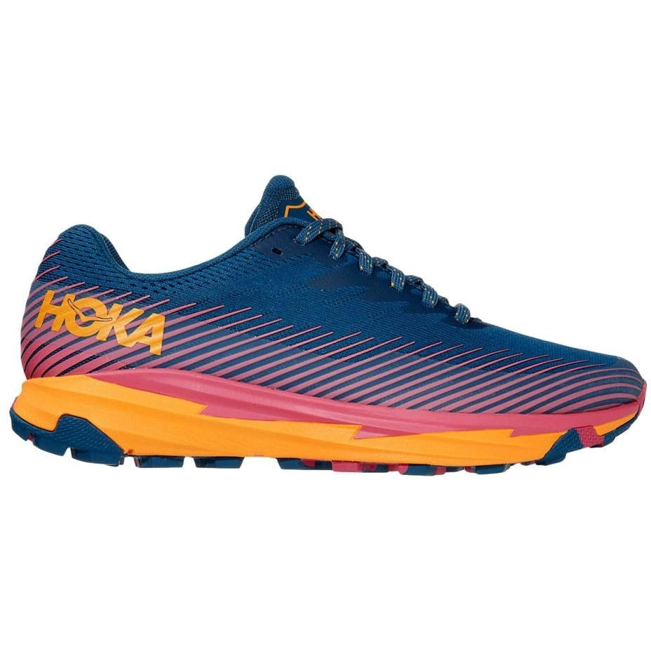 Side view on white background of Womens Hoka Torrent running shoe in Moroccan Blue/Saffron, Medium (Regular) width