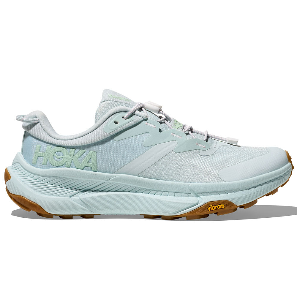 Side view on white background of Womens Hoka Transport running shoe in Droplet/Droplet, Medium (Regular) width
