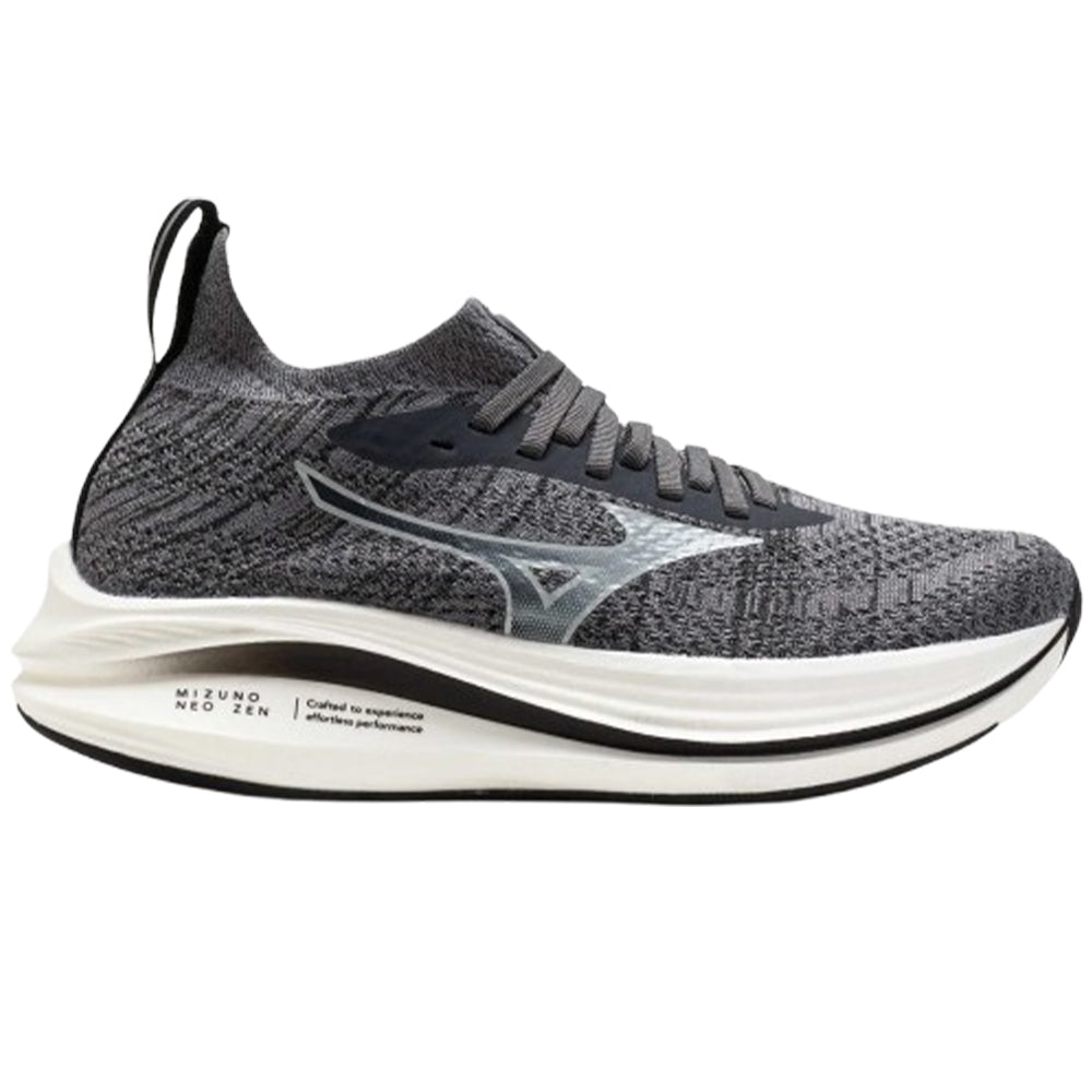 Side view on white background of Womens Mizuno Neo Zen running shoe in Black Sand/Quiet Shade, Medium (Regular) width