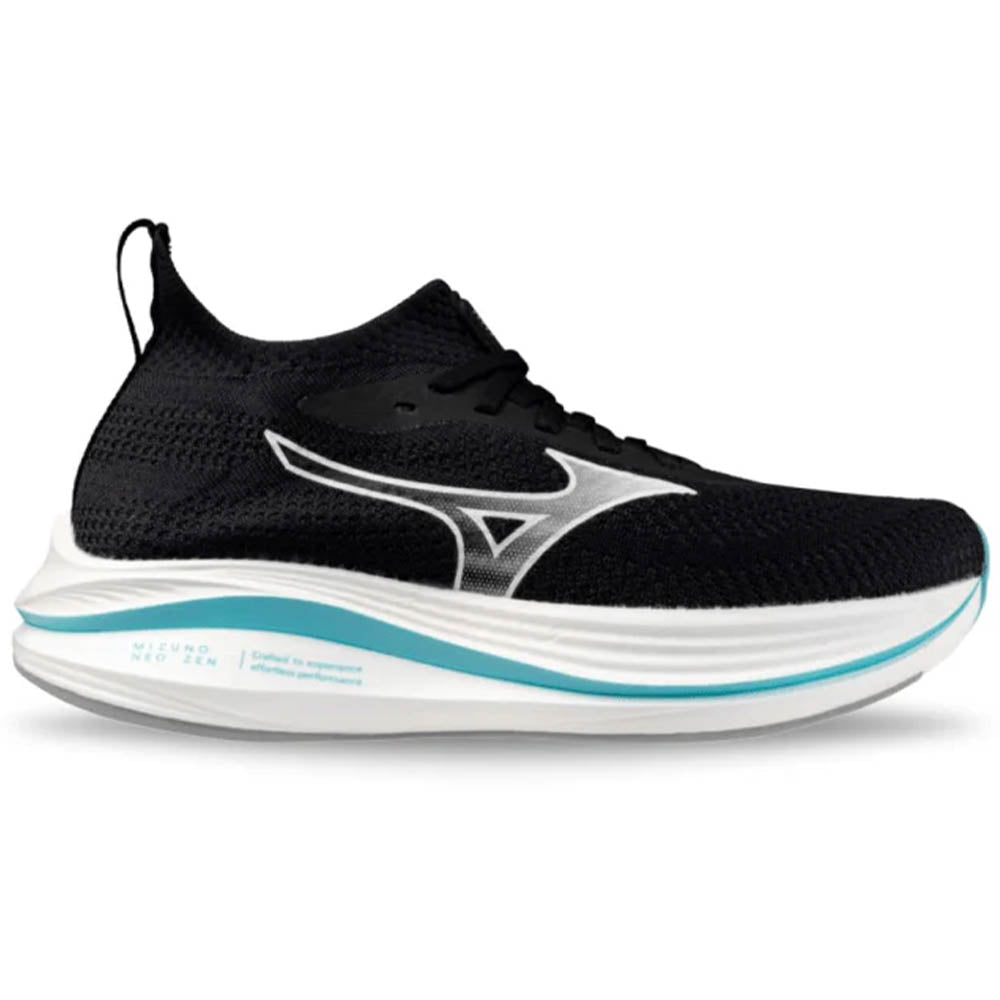 Side view on white background of Womens Mizuno Neo Zen running shoe in Black/White, Medium (Regular) width