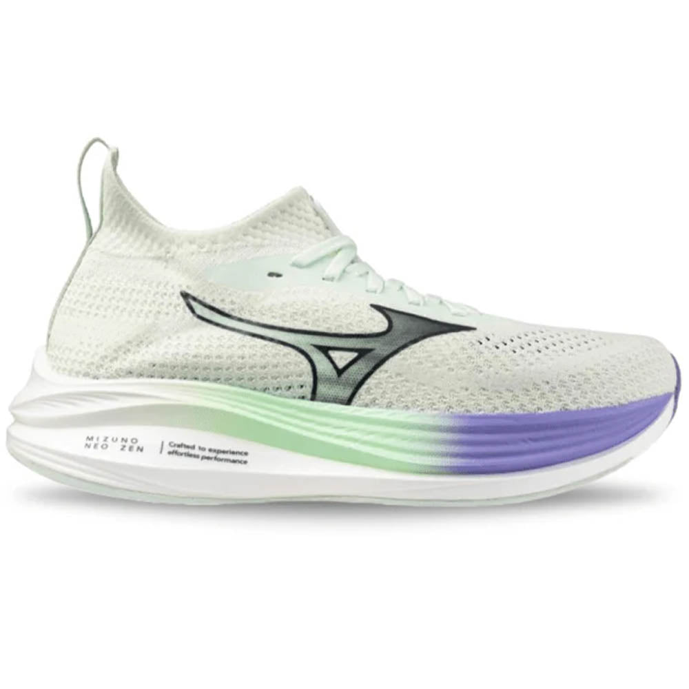 Side view on white background of Womens Mizuno Neo Zen running shoe in Hint Mint/India Ink, Medium (Regular) width
