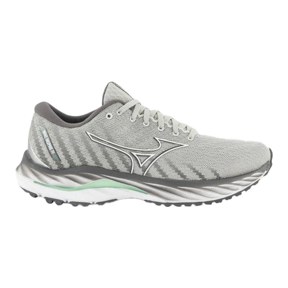 Side view on white background of Womens Mizuno Wave Inspire running shoe in Harbor Mist-White, Medium (Regular) width