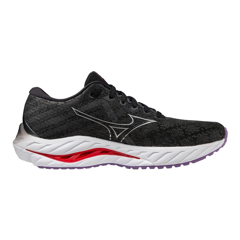 Side view on white background of Womens Mizuno Wave Inspire running shoe in Black/Silver, Medium (Regular) width