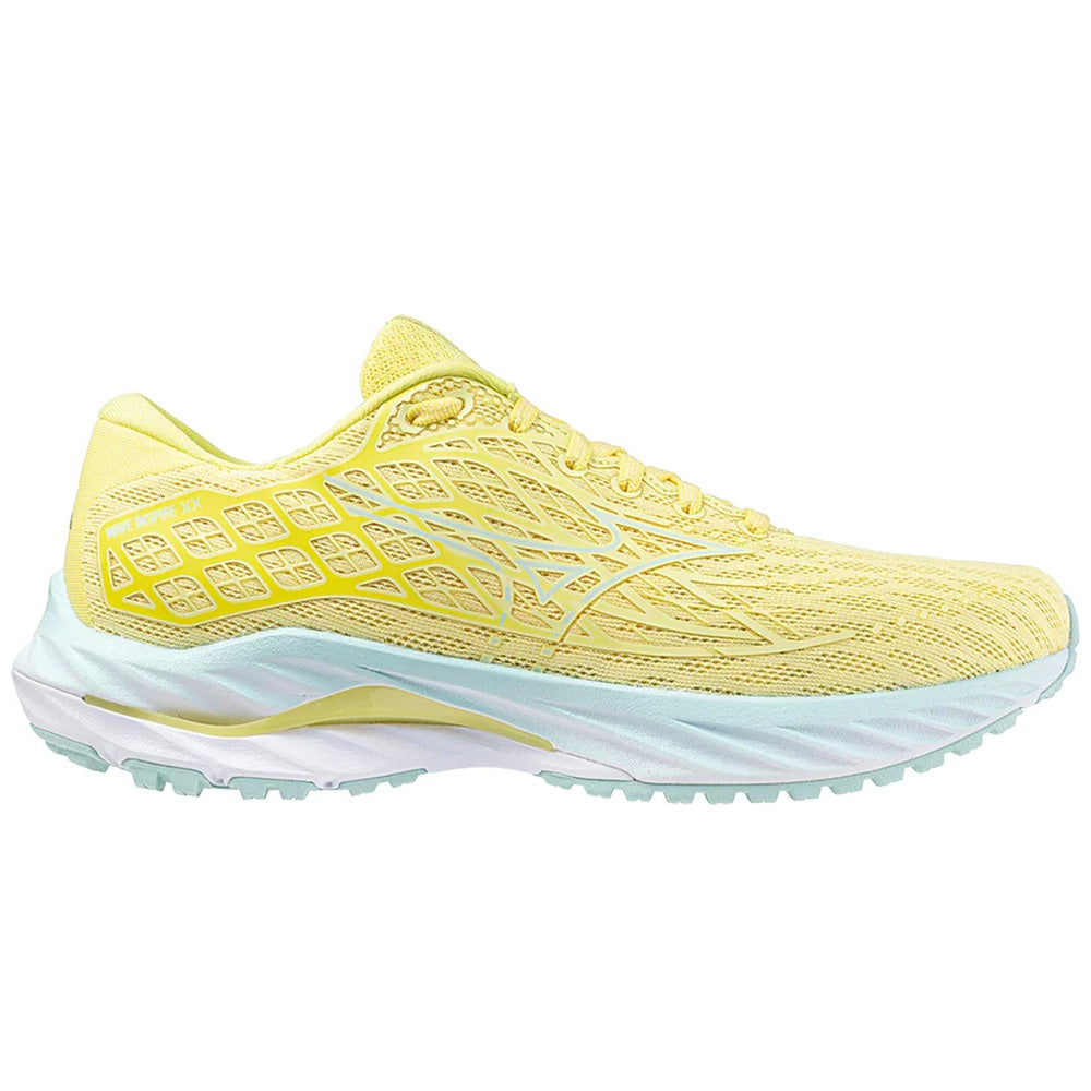 Side view on white background of Womens Mizuno Wave Inspire running shoe in Anise Flower/White, Medium (Regular) width