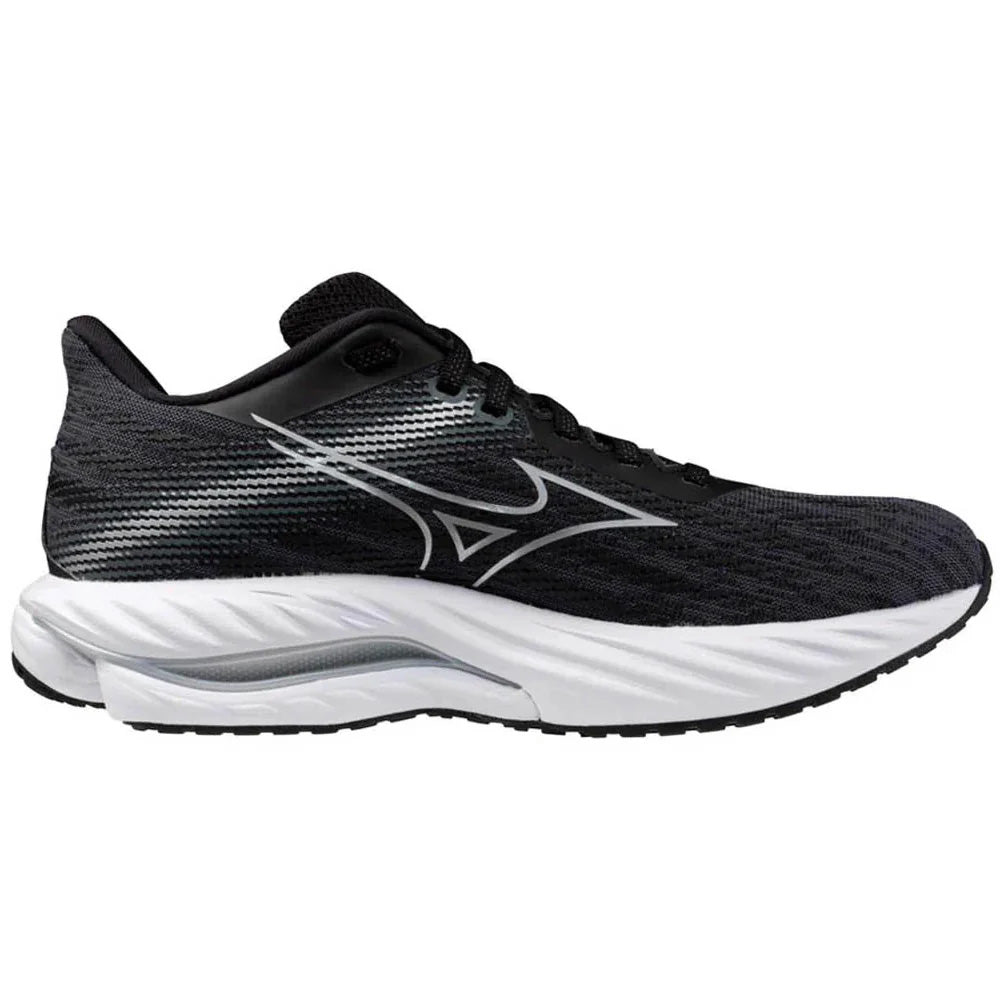 Side view on white background of Womens Mizuno Wave Inspire running shoe in Black/Silver, Medium (Regular) width