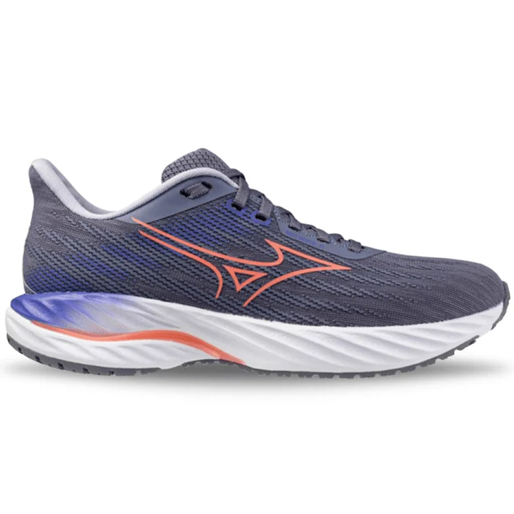 Side view on white background of Women's Mizuno Wave Inspire 21 running shoe in Blue Granite/Striking Coral, Wide width