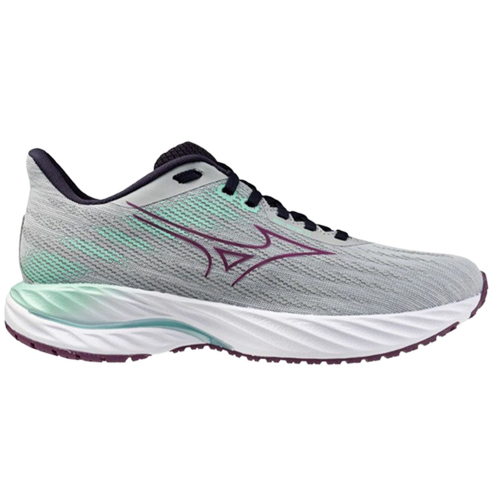 Side view on white background of Womens Mizuno Wave Inspire running shoe in Pearl Blue/Dark Purple, Medium (Regular) width