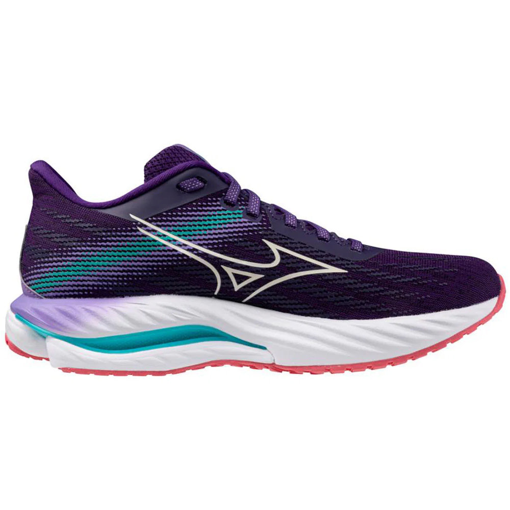 Side view on white background of Womens Mizuno Wave Inspire running shoe in Vintage Indigo/White, Medium (Regular) width