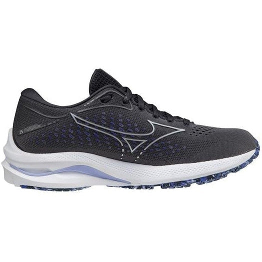 Side view on white background of Womens Mizuno Wave Rider running shoe in Blackened Pearl, Medium (Regular) width