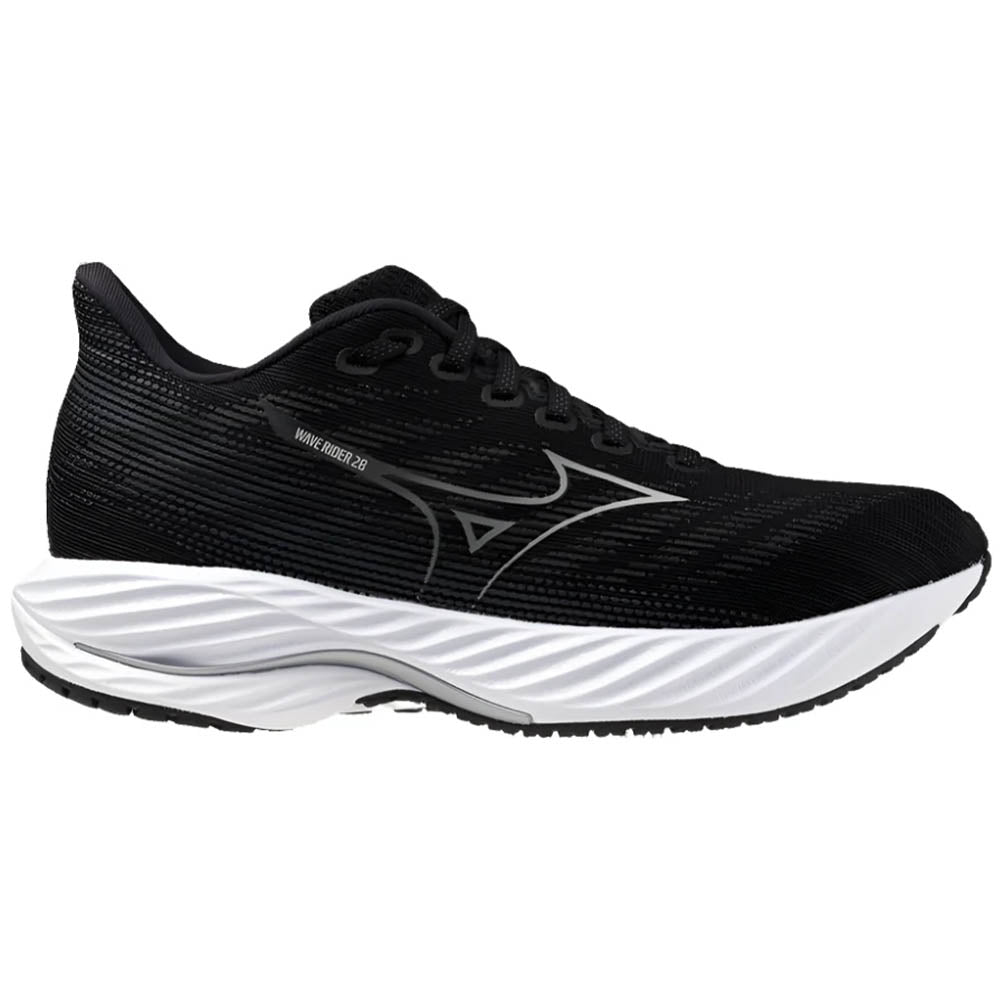 Side view on white background of Womens Mizuno Wave Rider running shoe in Black/Harbor Mist, Wide width