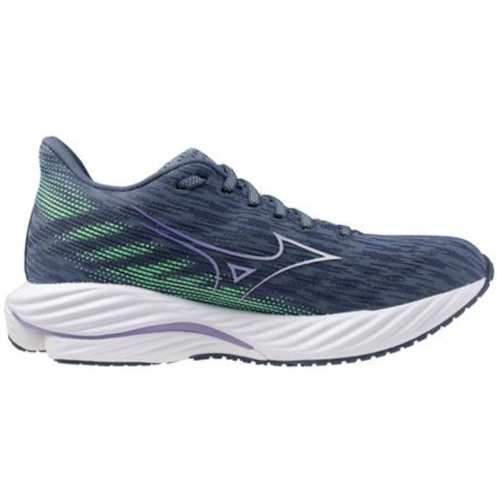 Side view on white background of Womens Mizuno Wave Rider running shoe in Citadel/White, Medium (Regular) width