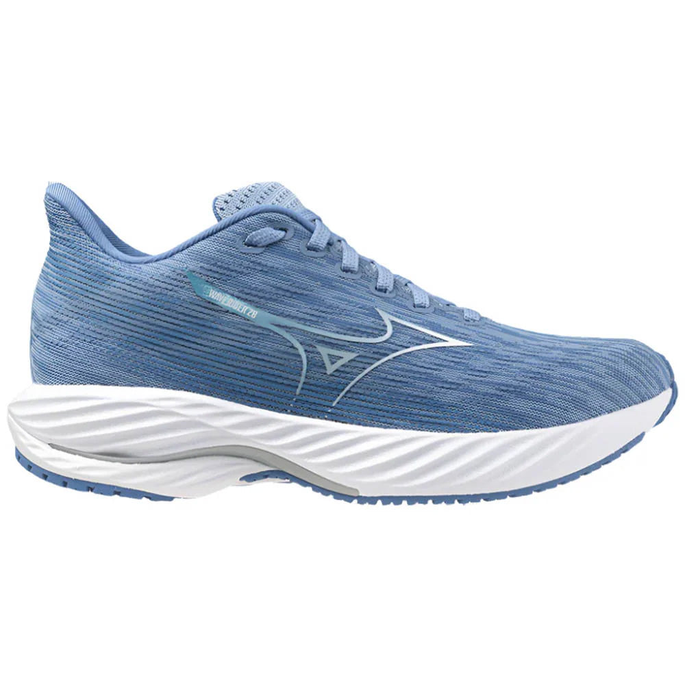 Side view on white background of Womens Mizuno Wave Rider running shoe in Glacier Lake/White, Medium (Regular) width