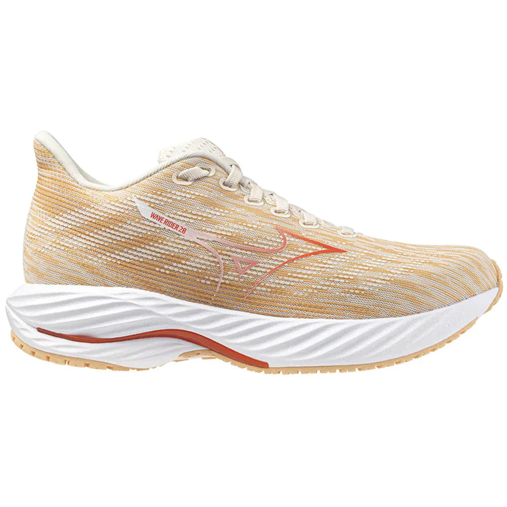 Side view on white background of Womens Mizuno Wave Rider running shoe in Pristine/Spicy Orange, Medium (Regular) width
