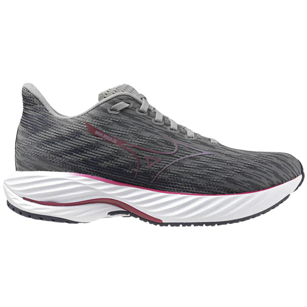 Side view on white background of Womens Mizuno Wave Rider running shoe in Ultimate Grey/Cosmo Chrome, Medium (Regular) width