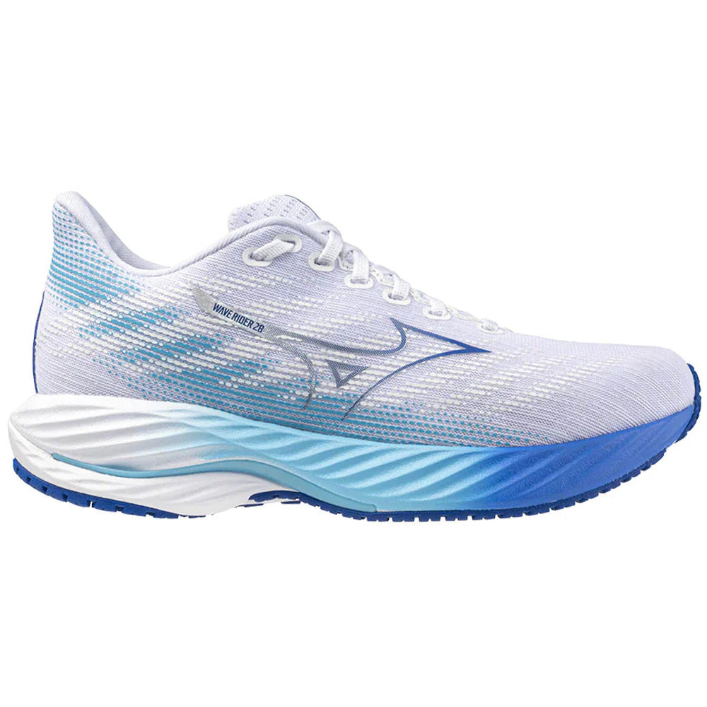 Side view on white background of Womens Mizuno Wave Rider running shoe in White/Mugen Blue, Wide width