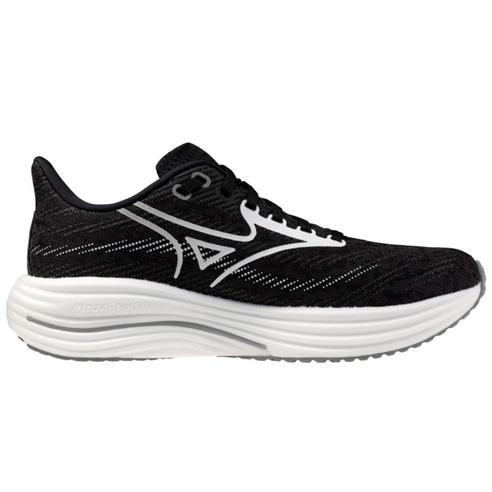 Side view on white background of Womens Mizuno Wave Rider running shoe in Black Sand/White, Wide width