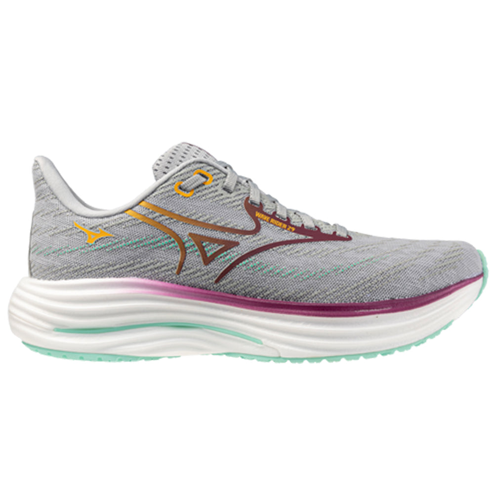 Side view on white background of Womens Mizuno Wave Rider running shoe in Harbor Mist/Dark Purple, Medium (Regular) width