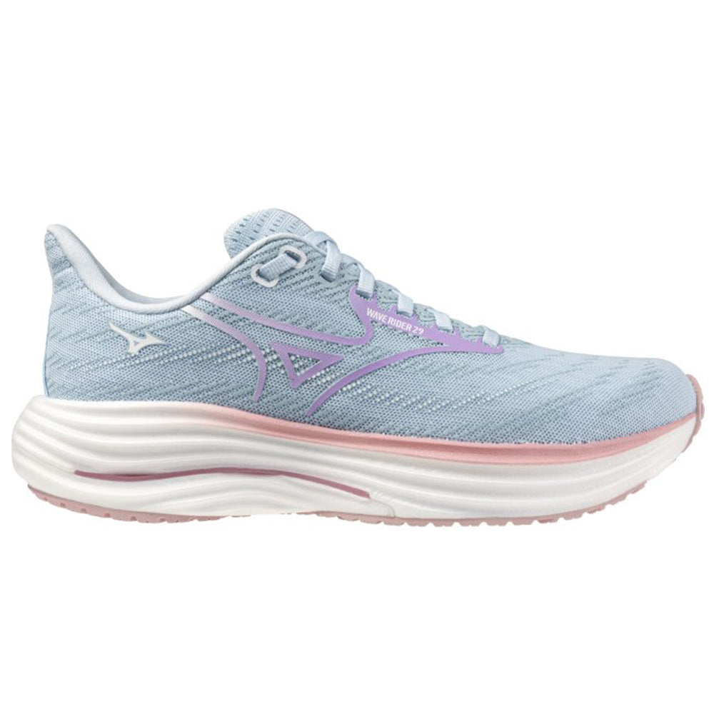 Side view on white background of Womens Mizuno Wave Rider running shoe in Nantucket Breeze/Orchid Petal, Medium (Regular) width
