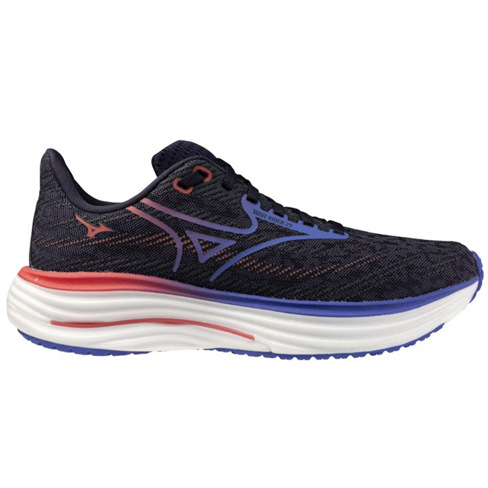 Side view on white background of Womens Mizuno Wave Rider running shoe in Odyssey Grey/Iris Bloom, Medium (Regular) width