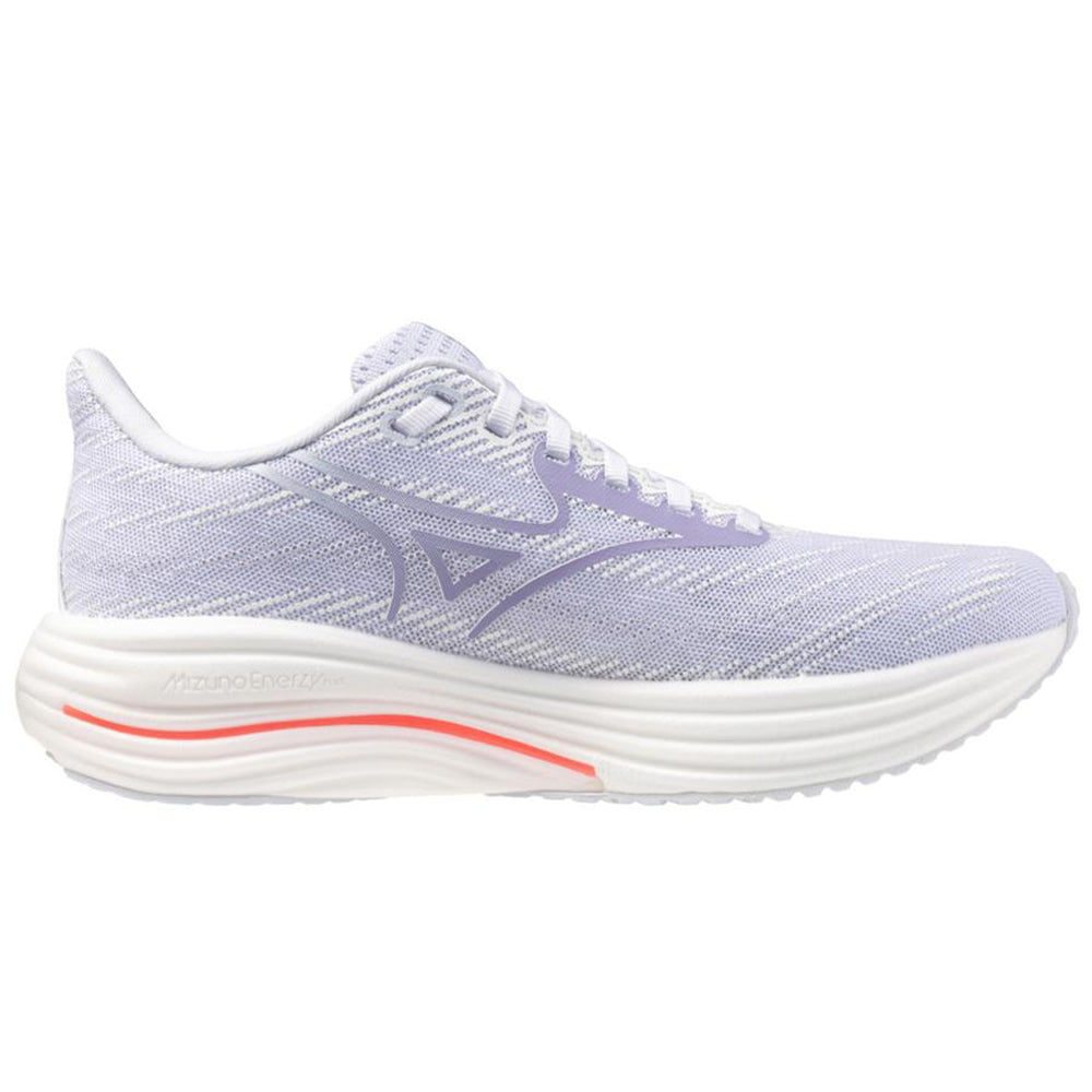 Side view on white background of Womens Mizuno Wave Rider running shoe in White/Icelandic Blue, Wide width
