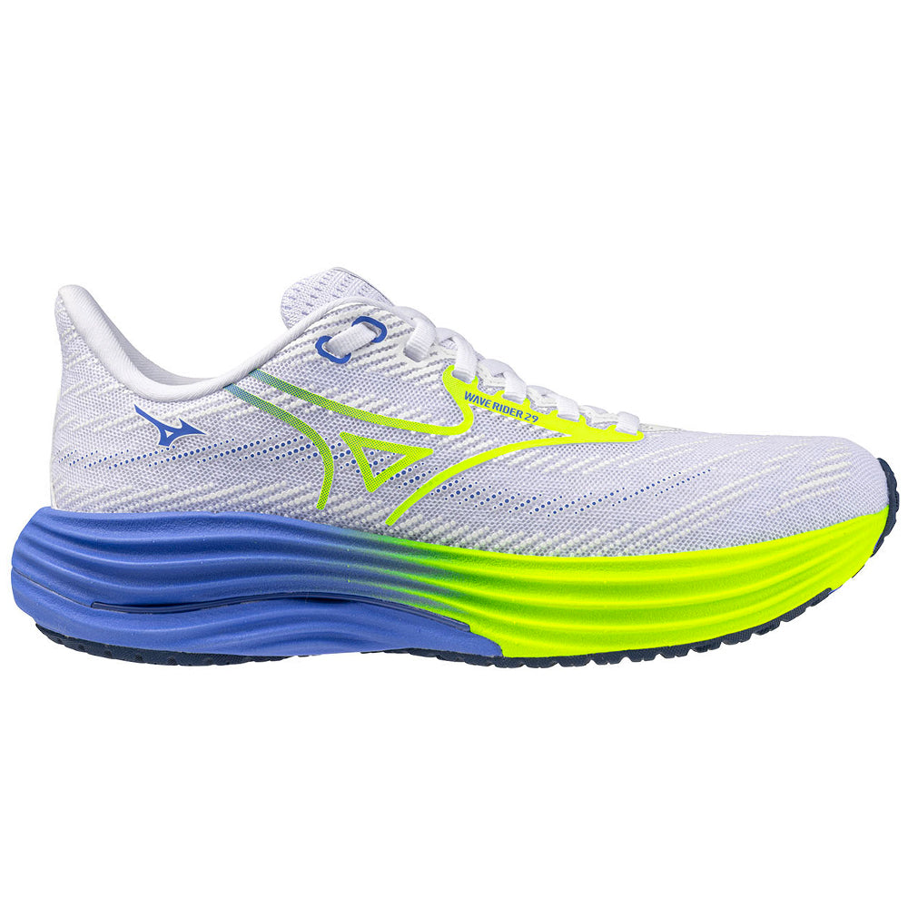 Side view on white background of Womens Mizuno Wave Rider running shoe in White/Lightning Yellow, Medium (Regular) width
