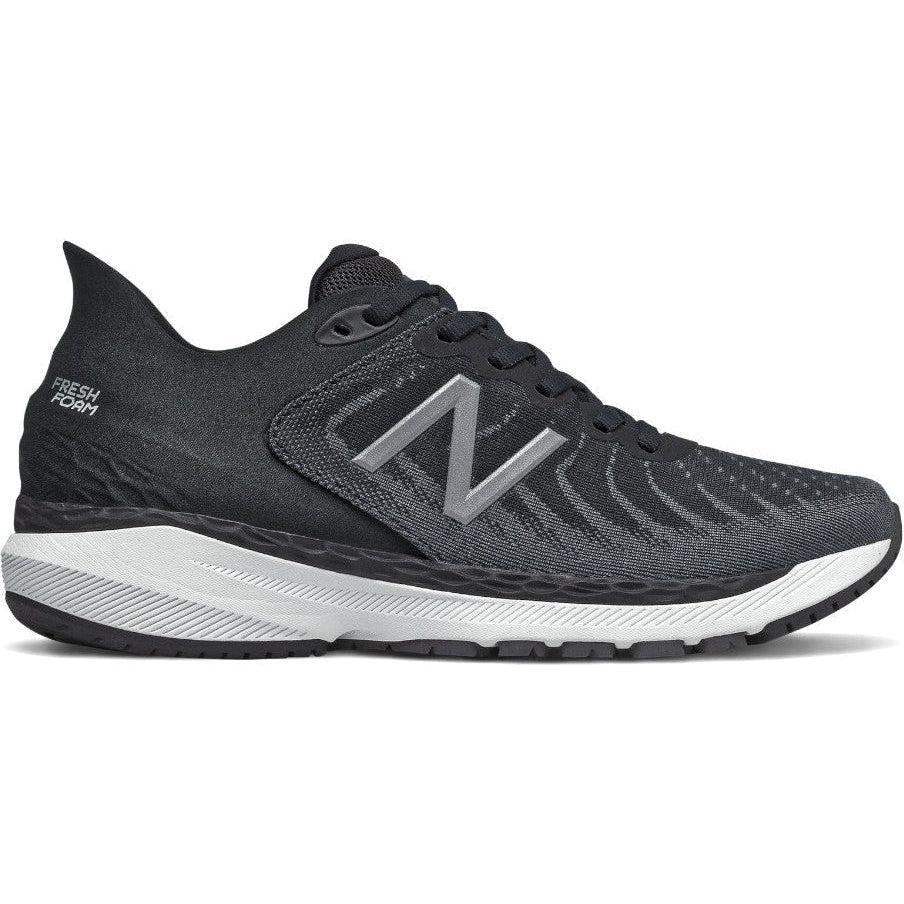 Side view on white background of Womens New Balance Fresh Foam 860 running shoe in Black/White/Lead, Narrow width