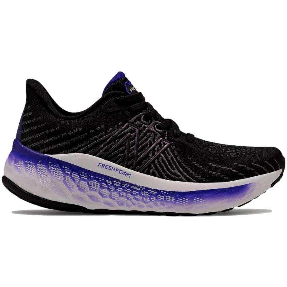 Side view on white background of Womens New Balance Fresh Foam Vongo running shoe in Black/Deep Violet, Medium (Regular) width