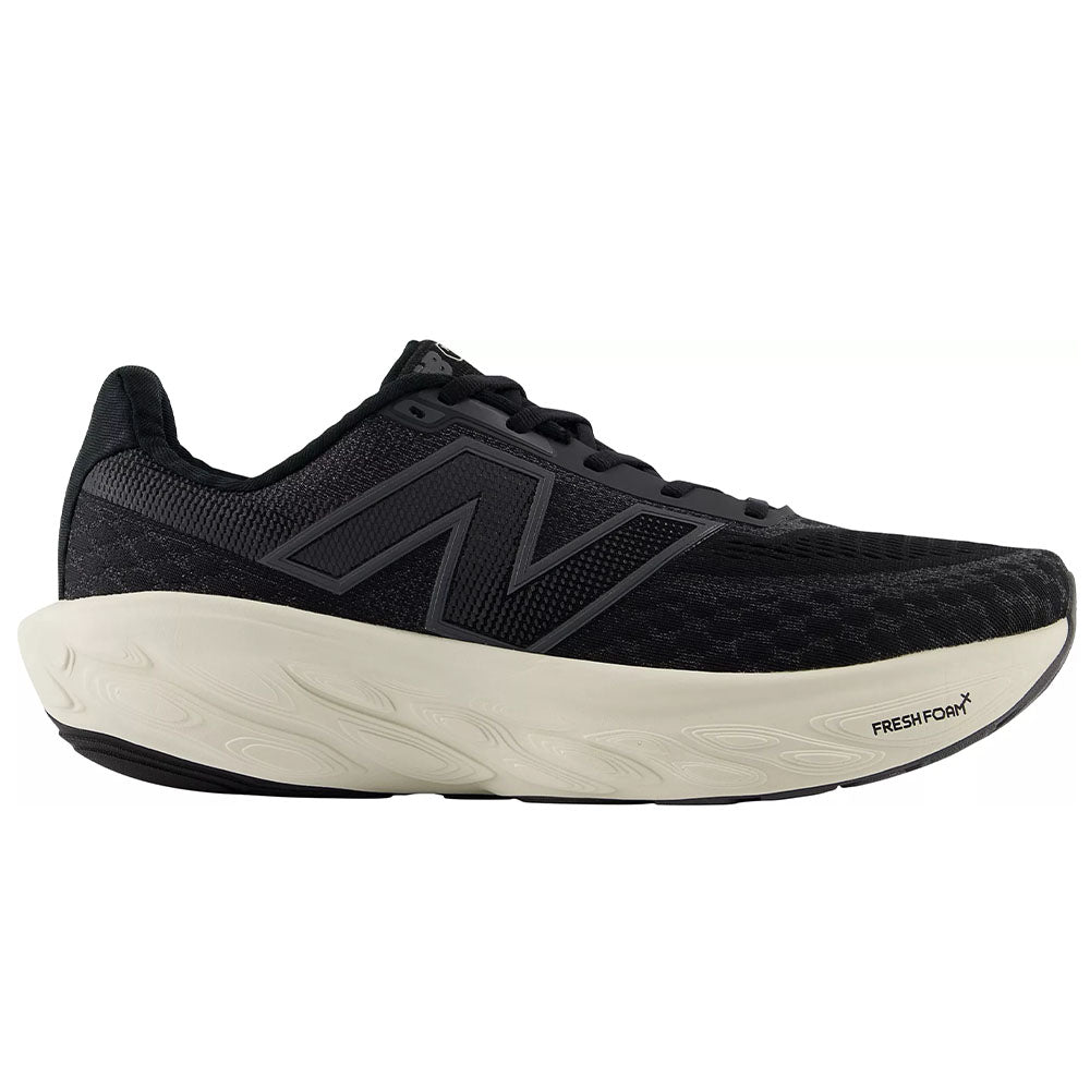 Side view on white background of Mens New Balance Fresh Foam X 1080 running shoe in Black/Magnet, Narrow width