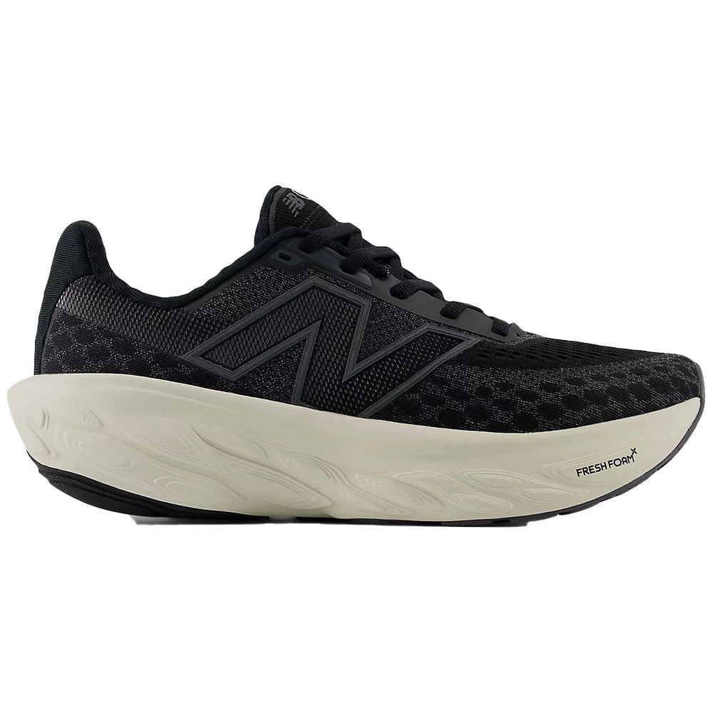 Side view on white background of Womens New Balance Fresh Foam X 1080 running shoe in Black/Phantom, Wide width