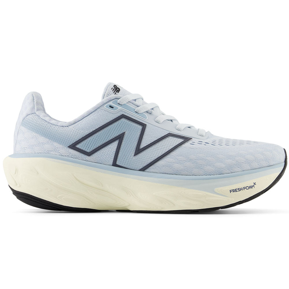 Side view on white background of Womens New Balance Fresh Foam X 1080 running shoe in Ice Blue/Light Chrome Blue/Angora, Wide width