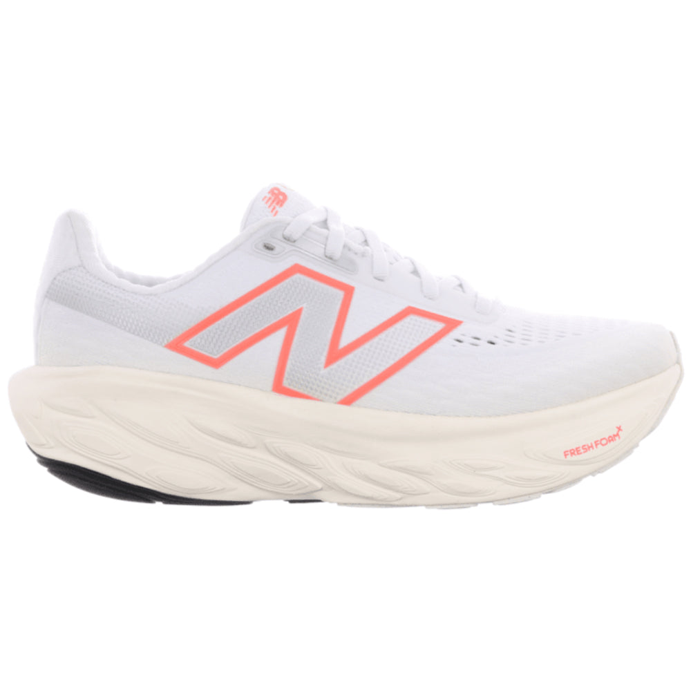 Side view on white background of Womens New Balance Fresh Foam X 1080 running shoe in NB 103 White/Angora/Urgent Red, Wide width