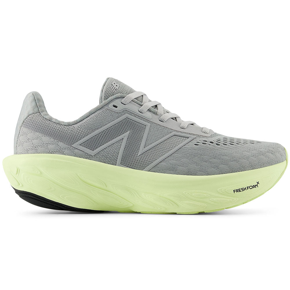 Side view on white background of Womens New Balance Fresh Foam X 1080 running shoe in Raincloud/Limelight/Silver Metallic, Medium (Regular) width
