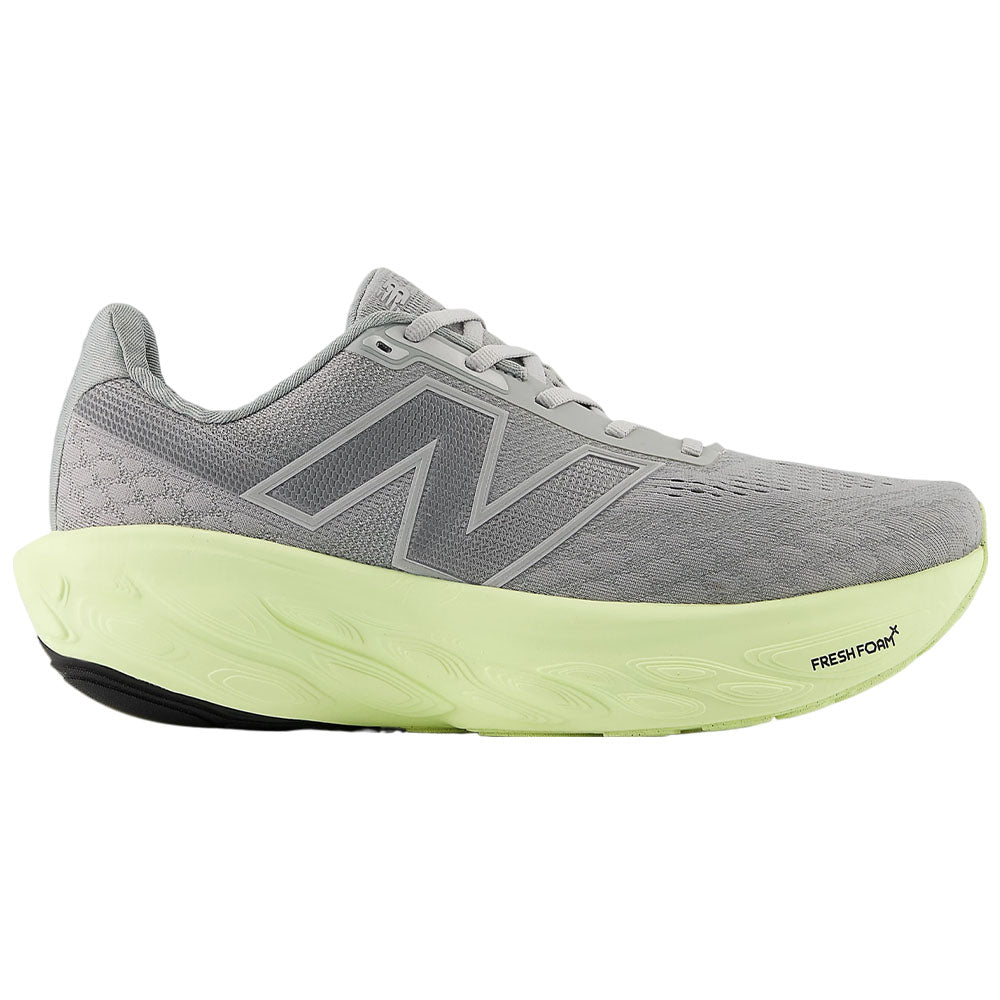Side view on white background of Mens New Balance Fresh Foam X 1080 running shoe in Raincloud/Limelight, Medium (Regular) width