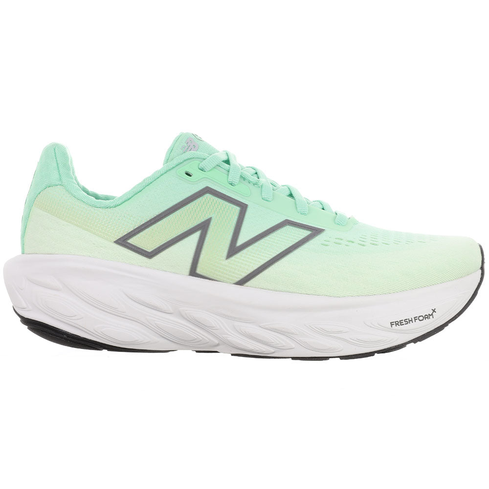 Side view on white background of Womens New Balance Fresh Foam X 1080 running shoe in Sweetgrass/Reflection/Silver Metallic, Wide width