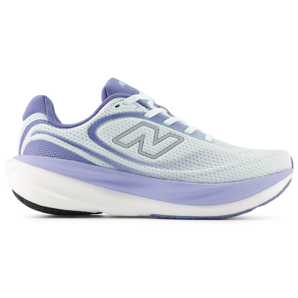 Side view on white background of Womens New Balance Fresh Foam X 1080 running shoe in Glint Blue/Silver Metallic/Fairweather Blue, Medium (Regular) width