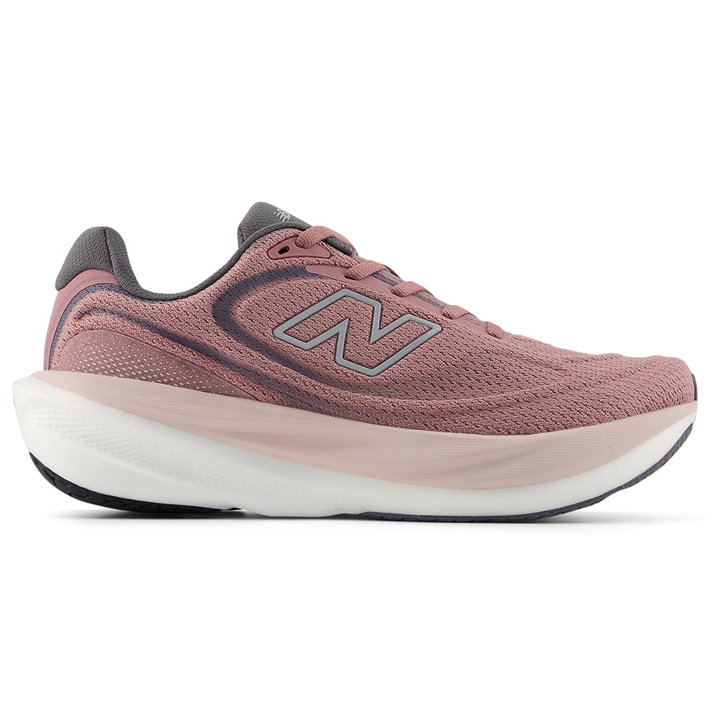 Side view on white background of Womens New Balance Fresh Foam X 1080 running shoe in Rosewood/Silver Metallic/Neptune Grey, Medium (Regular) width