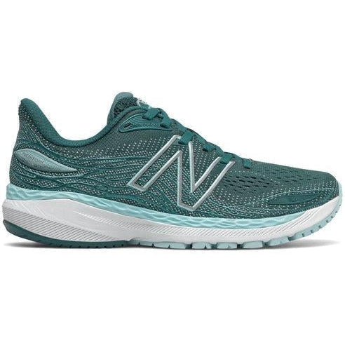 Side view on white background of Womens New Balance Fresh Foam 860 running shoe in Mountain Teal/Pale Blue Chill, Wide width