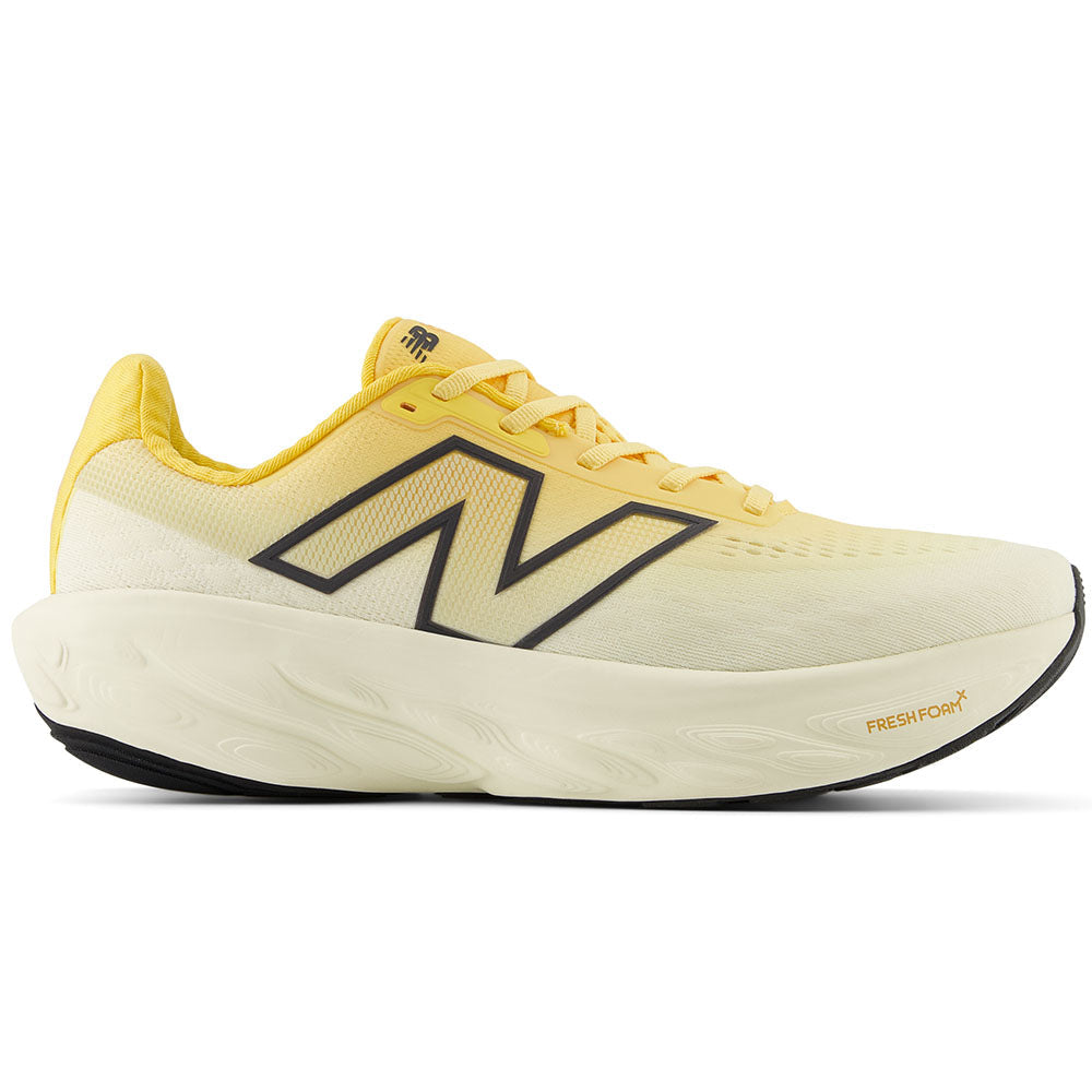 Side view on white background of Mens New Balance Fresh Foam X 1080 running shoe in Clementine/Angora/Black Cement, Medium (Regular) width