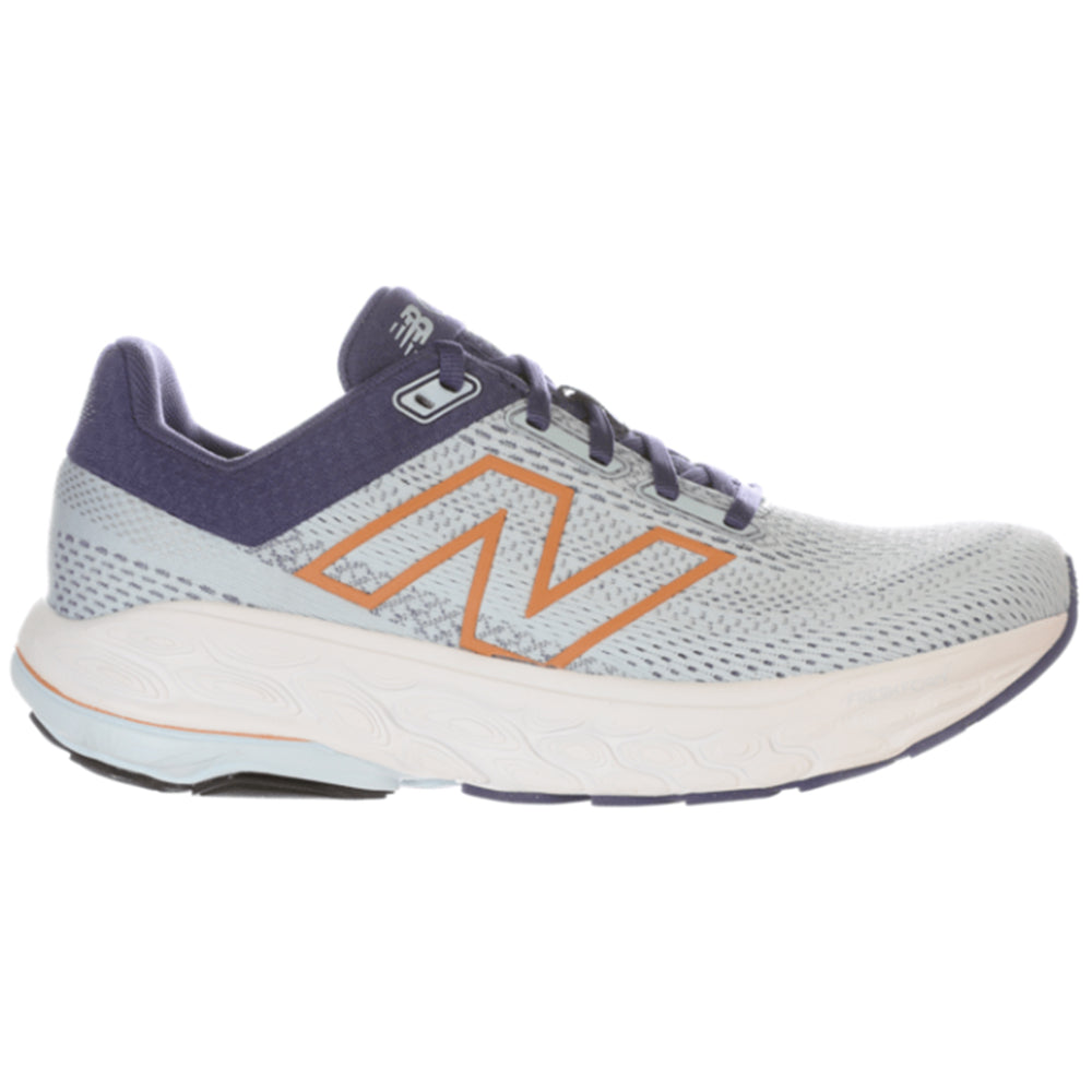 Side view on white background of Womens New Balance Fresh Foam 860 running shoe in Frosted Glass/Dream State/Peach Nectar, Wide width