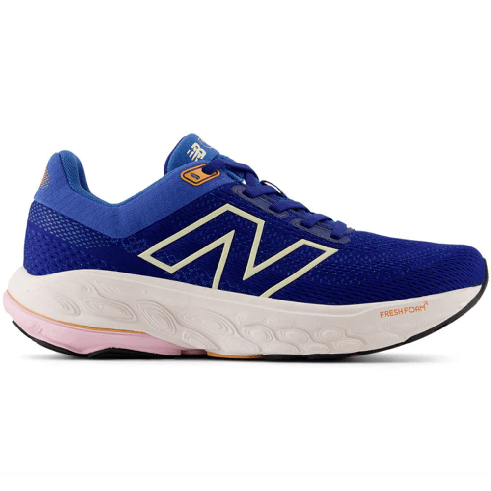 Side view on white background of Womens New Balance Fresh Foam 860 running shoe in Inkwell/Calcium/Washed Pink, Wide width
