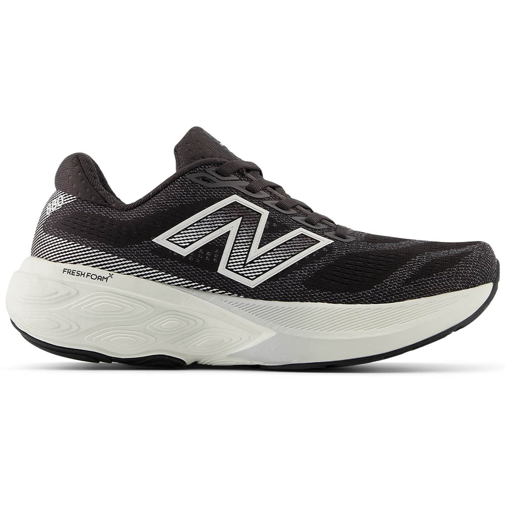 Side view on white background of Womens New Balance Fresh Foam 880 running shoe in Black Cement/Sea Salt/Silver Metallic, Wide width