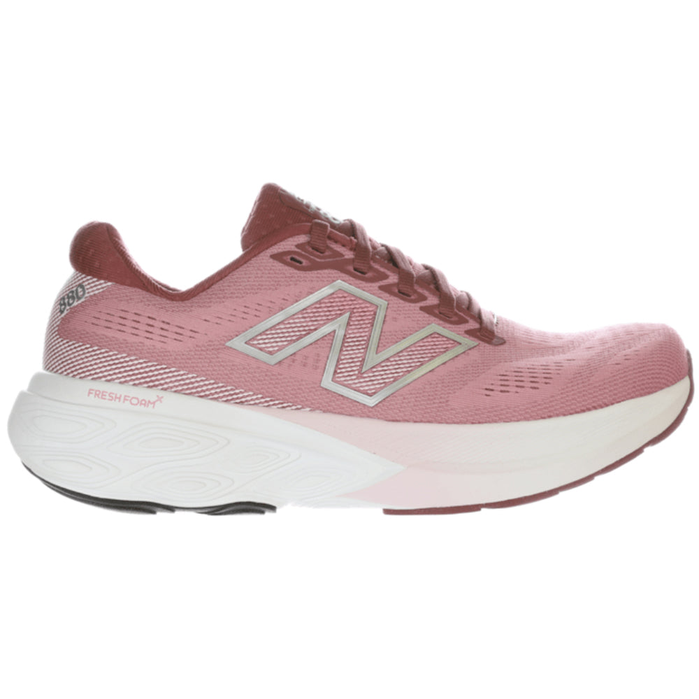 Side view on white background of Womens New Balance Fresh Foam 880 running shoe in Washed Burgundy/Pink Taffy/Silver Metallic, Wide width