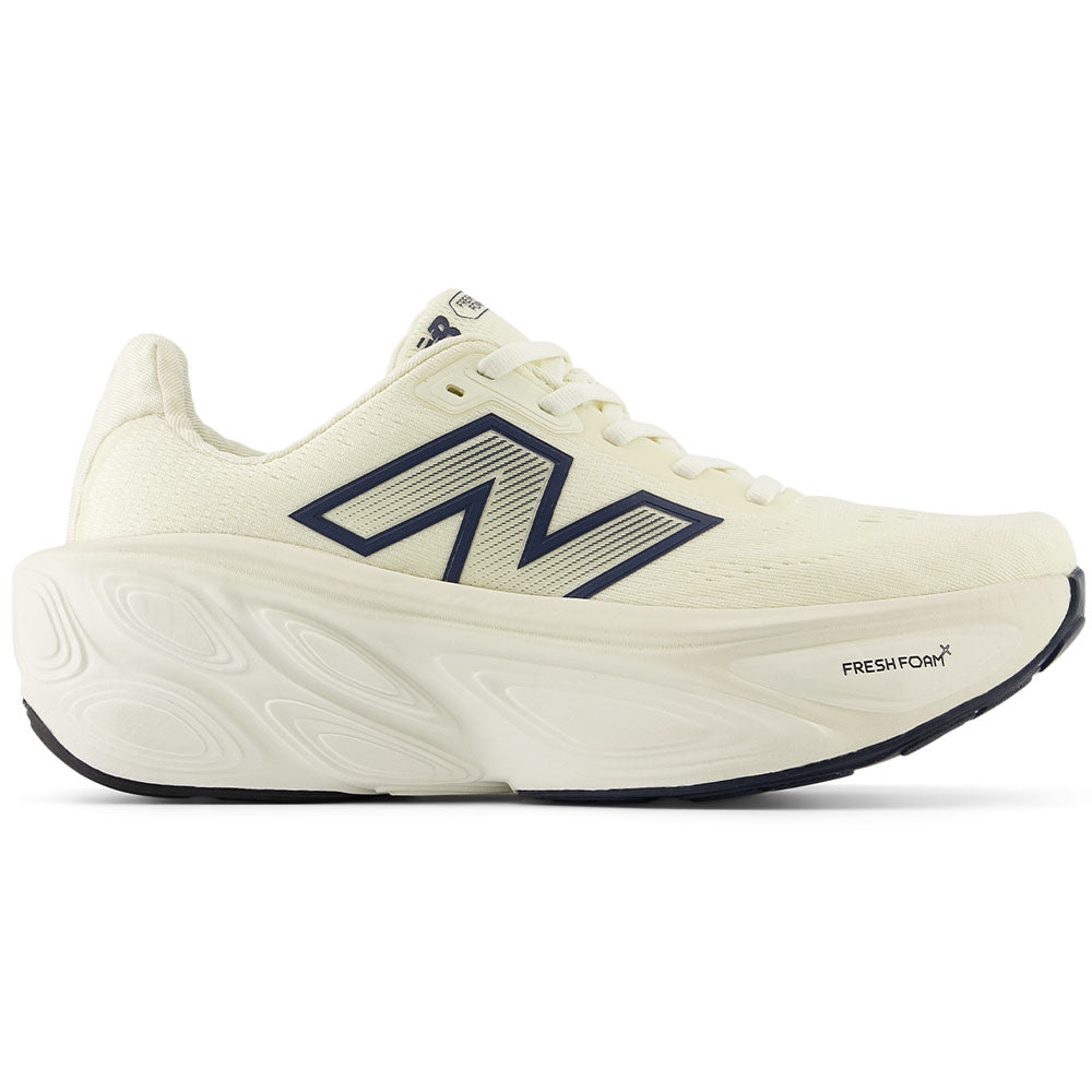 Side view on white background of Womens New Balance Fresh Foam X More running shoe in Angora/Sea Salt/Hot Mango/Midnight, Medium (Regular) width