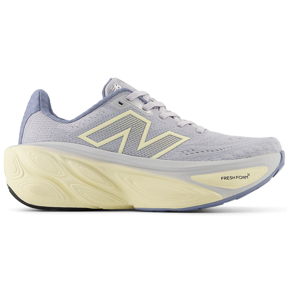 Side view on white background of Womens New Balance Fresh Foam X More running shoe in Pearl Grey/Dusk Shower/Calcium, Medium (Regular) width