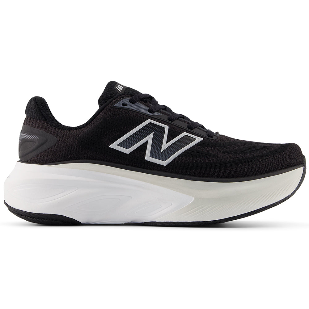 Side view on white background of Womens New Balance Fresh Foam X More running shoe in Black/Grey Matter/Castlerock, Medium (Regular) width