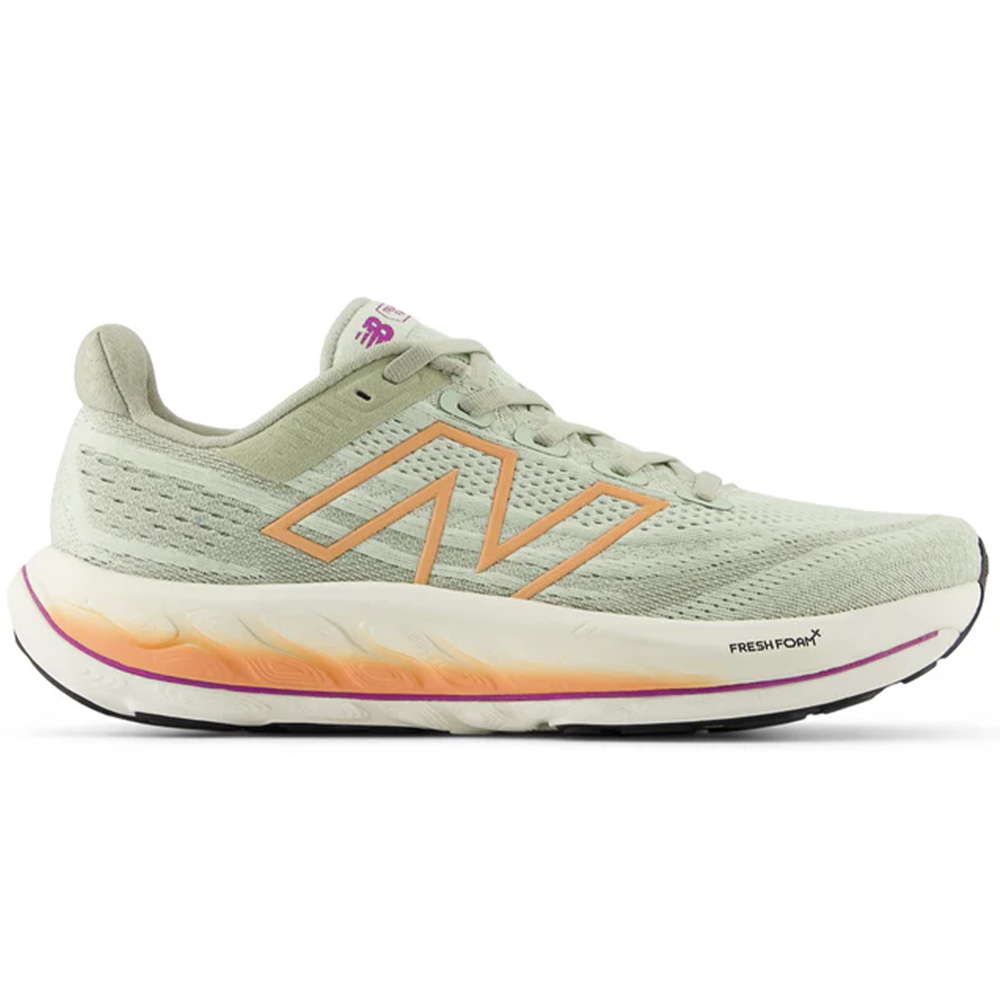 Side view on white background of Womens New Balance Fresh Foam Vongo running shoe in Natural Mint/Light Gold Metallic/Copper, Medium (Regular) width