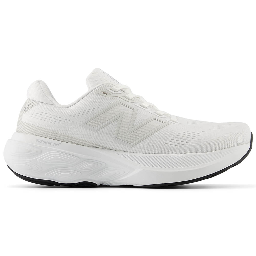 Side view on white background of Womens New Balance Fresh Foam 880 running shoe in White/Sea Salt/Black, Wide width
