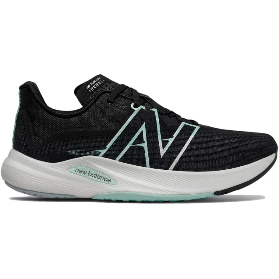 Side view on white background of Womens New Balance FuelCell Rebel running shoe in Black/White Mint, Medium (Regular) width