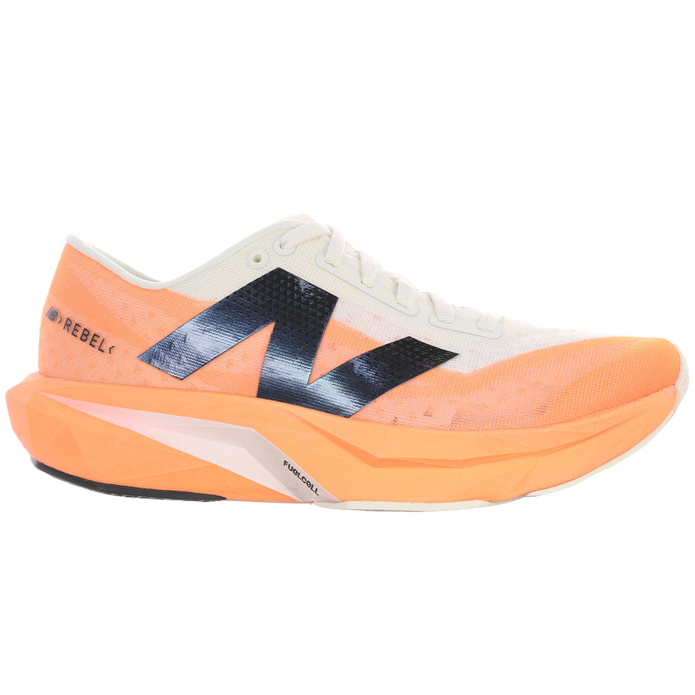 Side view on white background of Womens New Balance FuelCell Rebel running shoe in Hot Mango/Angora/Black, Wide width