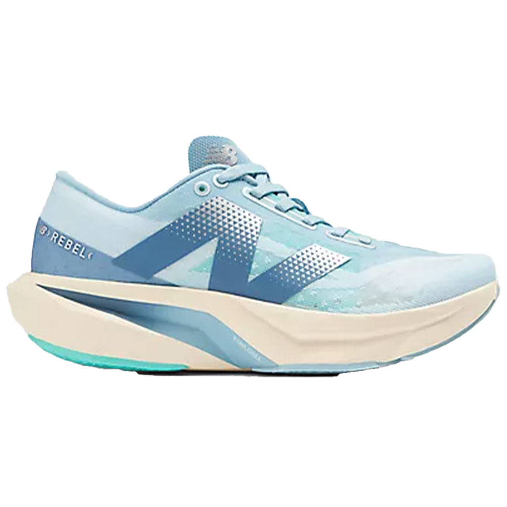 Side view on white background of Womens New Balance FuelCell Rebel running shoe in Quarry Blue/Chrome Blue/Heron Blue, Wide width